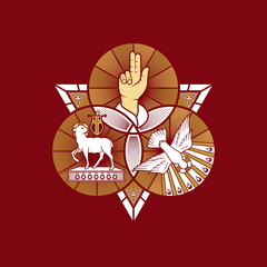 Christian illustration. The magnificent seal of the Holy Trinity: God the Father, God the Son and God the Holy Spirit. Indication of the symbols of the eternity of God - alpha and omega.