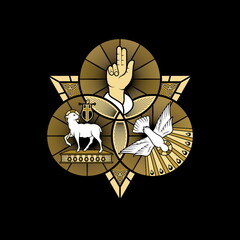Christian illustration. The magnificent seal of the Holy Trinity: God the Father, God the Son and God the Holy Spirit. Indication of the symbols of the eternity of God - alpha and omega.