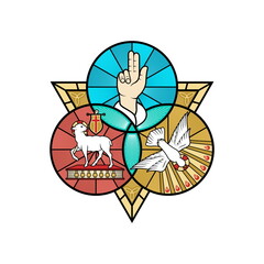 Christian illustration. The magnificent seal of the Holy Trinity: God the Father, God the Son and God the Holy Spirit. Indication of the symbols of the eternity of God - alpha and omega. - obrazy, fototapety, plakaty