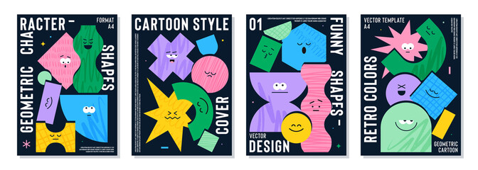 Poster set with cute cartoon geometric figures with different face emotions, funny print idea for kids. Colorful characters with textures, trendy vector illustrations, basic various figures for