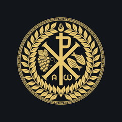 Christian illustration. Monogram of Jesus Christ - Chrismon. The fish and the bunch of grapes are symbols of Christ and spiritual life. Alpha and omega symbols of eternity.