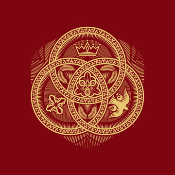 Christian illustration. The magnificent seal of the Holy Trinity: God the Father, God the Son and God the Holy Spirit. Indication of the symbols of the eternity of God - alpha and omega.