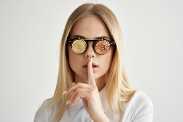 cute blonde coins wearing glasses cryptocurrency fashion finance