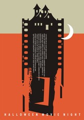 Obraz premium Halloween movie night artistic poster idea with film strip, moonlight and hunted house. Poster art concept for horror movie festival. Cinema vector graphic design template.