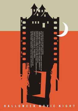 Halloween Movie Night Artistic Poster Idea With Film Strip, Moonlight And Hunted House. Poster Art Concept For Horror Movie Festival. Cinema Vector Graphic Design Template.