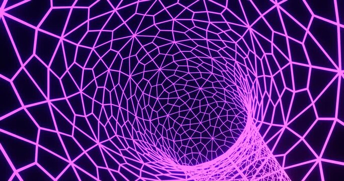 Neon mesh tunnel funnel. Web glowing abstract wormhole in 3d render digital purple twirl. Futuristic subspace acceleration portal pattern. Curved geometric warp jump hole