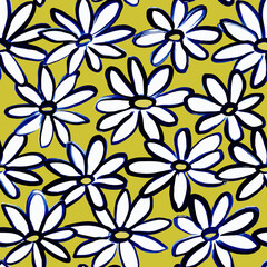 Vector hand drawn seamless floral pattern with daisies, bold color. Yellow, white and black.