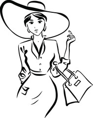 Hand drawn ink outline black sketch of a stylish woman with bag and hat looking forward with slim body