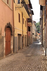 Antrodoco Cobblestone Street View with House Facades, Central Italy