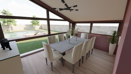 3D render stylish dining room interior design.