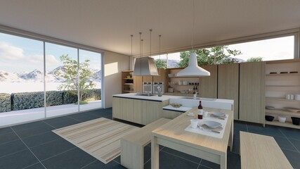 Stylish interior of modern kitchen. 3D rendering.