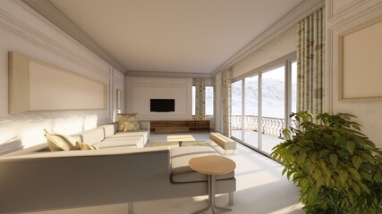 Living room interior of modern and trendy furniture. 3D render