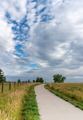 Fototapeta na wymiar Paved Winding Pathway Along Meadow with Cloud Formations in Sky