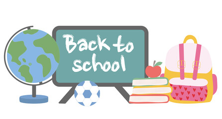 Back to school vector banner with school supplies. School bag, books, school board, globe. Vector illustration.