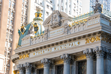details of the facade of the municipal theater in the center of Rio de Janeiro Brazil.
