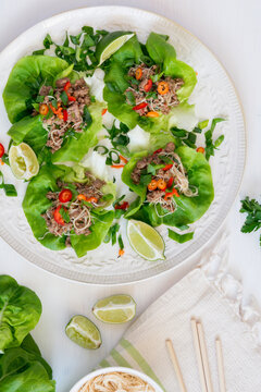 Healthy Asian beef and noodle lettuce wraps