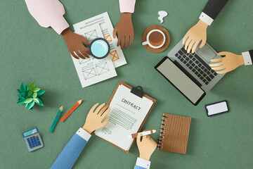 Groups of people discuss work and sign contracts