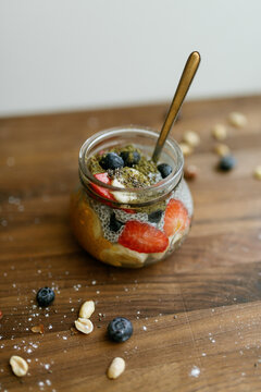 Smoothie Bowl Chia Seed Pudding Fruit Wood Table Spoon