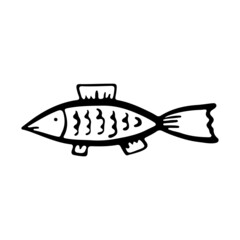 Fish icon. Black outline linear sketch drawing. Side view. Vector simple flat graphic hand drawn illustration. The isolated object on a white background. Isolate.