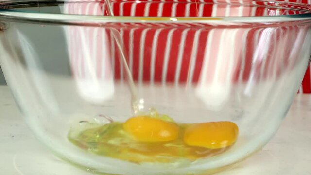 Cook pours three chicken eggs in transparent bowl and whips them with egg beater or wire whisk. Making baked goods, omelet or mayonnaise in your home kitchen. Close-up.