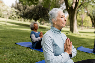 Senior Group Practices Meditation on a Sunny Day