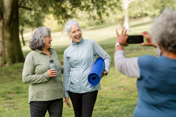 Senior Women Take a Photo Together After Yoga