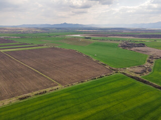 Fototapeta na wymiar Aerial view of Upper Thracian Plain near town of Parvomay, Bulgaria
