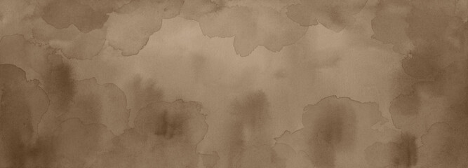 Brown paper background, parchment texture of painted watercolor grunge blobs on border, old distressed vintage textured design in abstract light brown banner