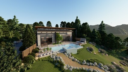 Modern villa with pool and deck with interior.