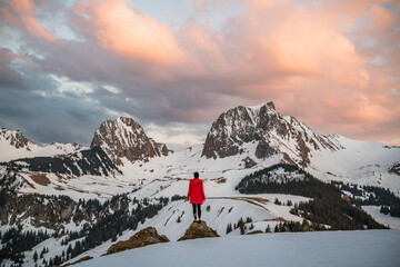 Young woman in red coat in alpine landscape