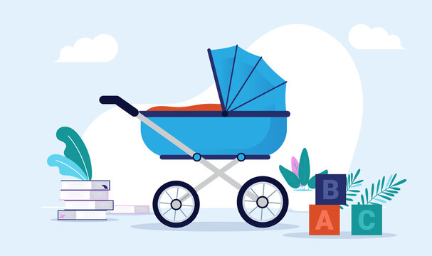 Blue baby carriage vector illustration - Pram standing in room with toys and books. Preparing for baby boy concept.
