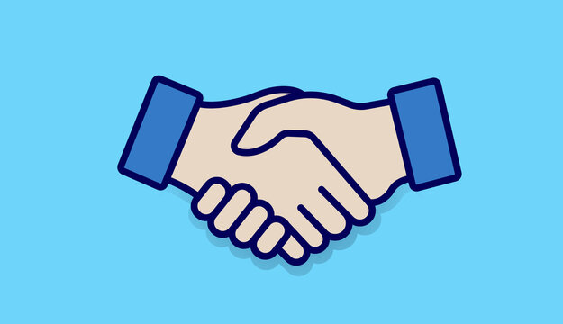 Handshake icon on blue background - Two business hands shaking in vector format. Deal and agreement concept.