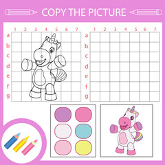 Kids draw activity game with unicorn. Coloring page and worksheet with education riddles. Copy the picture using grid. Vector illustration.