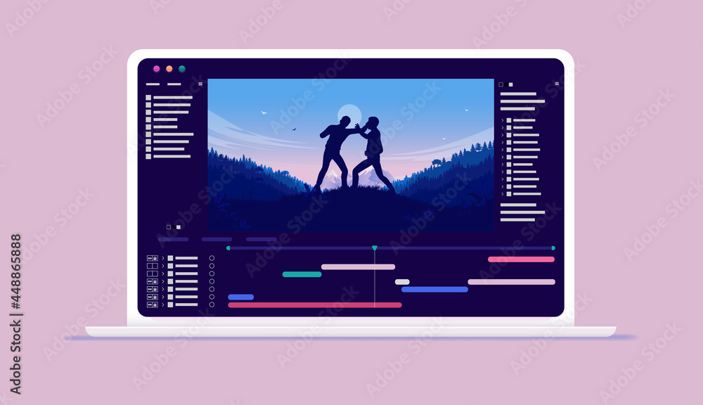 Aufkleber motion design and visual effect software on computer screen - film production and editing on laptop.