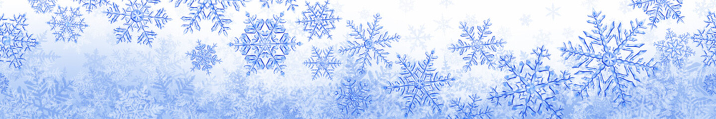 Banner of big complex translucent Christmas snowflakes in blue colors, isolated on transparent background. With seamless horizontal repetition