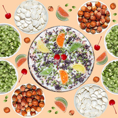 Cake with various ingredients in a seamless square pattern