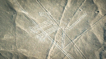 The Dog Nazca ancient mysterious geoglyph. Nazca lines as seen from the aircraft. Nazca lines are...