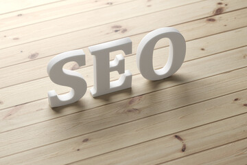 SEO Search Engine Optimization. inscription in white plastic letters SEO on a wooden table. 3D render.