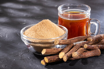 Tea and stems of licorice - Glycyrrhiza glabra.