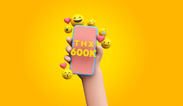 Thanks 600k social media supporters. cartoon hand and smartphone. 3D Render.