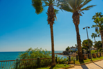 SIDE, TURKEY: View from the promenade in the city of Side to the Mediterranean Sea.