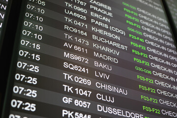 screen with departure flights in airport, Madrid Baku Lviv