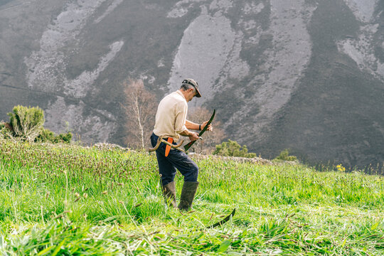 A country man with the scythe at meadow