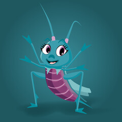 Illustrazione di una locusta, cavalletta, insetto in posizione di enunciazione, sorridente e giocosa