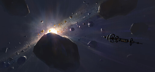 The spaceship travels through the chaotic meteorite array, 3D illustration. © liuzishan