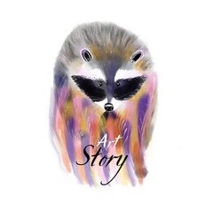 Raccoon in watercolor style and Art Story lettering. Digital illustration with animalistic print for clothes, poster, packaging on a white isolated background