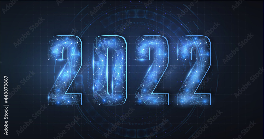 Aufkleber 2022 Numbers. Happy New Year 2022 technology banner design. Polygonal wireframe on the background of HUD technology. Futuristic digital number. Low poly greeting card. Vector illustration