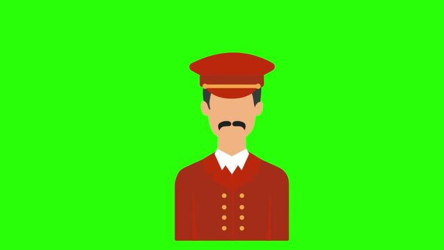 A figure of a man wearing specific clothes for a hotel doorman on a bright green background in 4K