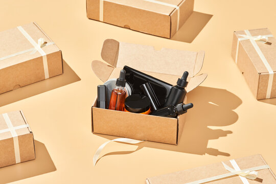 Beauty products in sustainable box.