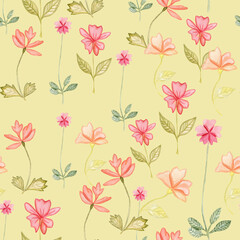Watercolor sweet colorful color wild floral pattern, delicate flower wallpaper, wildflowers color flower,pink,tansy, pansies.Wallpaper on a white background